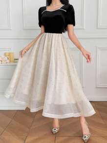 DAZY Vestido de mangas abullonadas con cuello en forma de corazón y diseño de patchwork, para primavera/verano - Negro - Ver 3