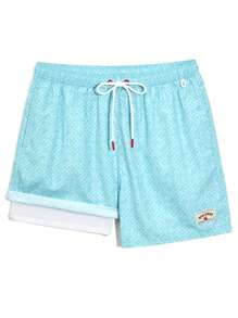 Zalmeno 男士夏季休闲全印花抽绳腰沙滩短裤 - 綠色 - 查看 2