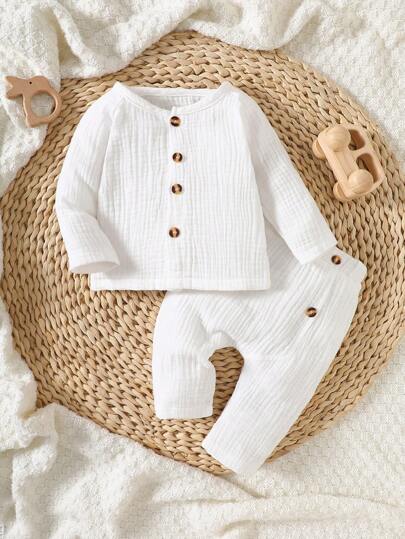 SHEIN 2 Pieces New Born Boy Casual Comfortable Retro Long Sleeve Outfit,100%Cotton,0-9M, Suitable For Daily And Outdoor Activities In Spring And Autumn,Newborn Outfits Boy White Newborn Outfit Newborn Baby Boy Clothes White Baby Boy Linen Set Neutral Baby Clothes Fall Winter