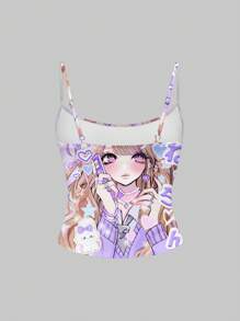 ROMWE Anime Áo nữ gợi cảm với họa tiết hoạt hình Kawaii, nơ và kẹo mút, màu tím, thích hợp để đi chơi. - Màu tím - Xem 2