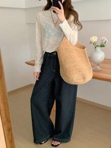 DAZY 女式半高领花卉装饰透明长袖休闲衬衫 - 米色 - 查看 7