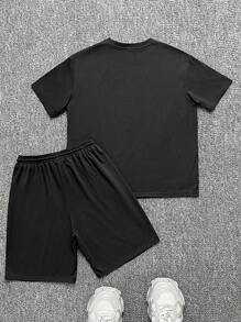 2pcs Tween Boy Casual Comfortable Versatile Round Neck Short Sleeve Letter&Portrait Graphic T-Shirt & Shorts Set, Suitable For Commute, School, Everyday, Street Style, Spring/Summer - Black - View 2
