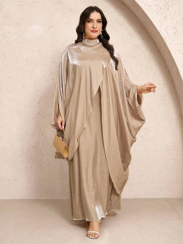 Veilorie Gaun Maxi Acara Istimewa Sederhana Saiz Besar Dalam Kolar Berdiri Emas Apricot Lengan Panjang Dan Pakaian Rekaan Kain Tenun Elegan Dengan Cape - Aprikot - Lihat 1