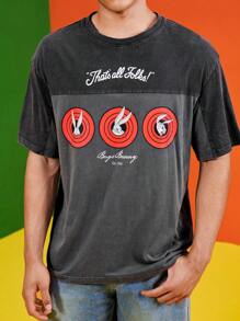 LOONEY TUNES X SHEIN Men's Casual Street Rabbit And Slogan Graphic Pieced Washed Loose Fit T-Shirt, Summer