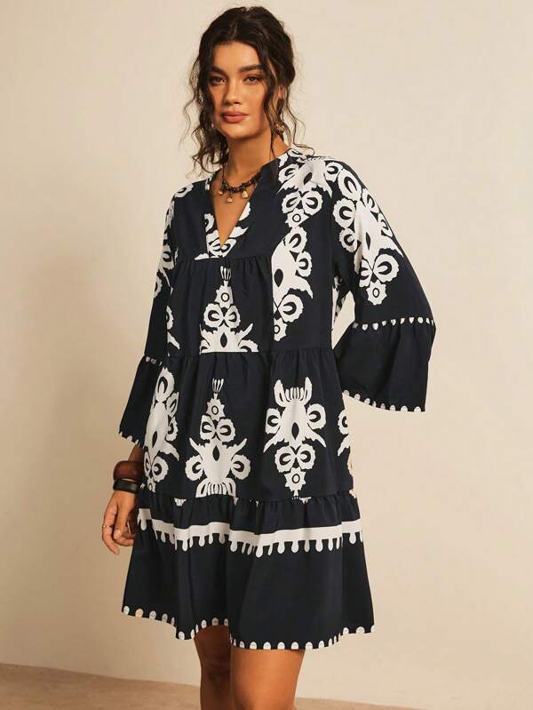 Freevana Plus Size Vacation Flowers Babydoll Dress