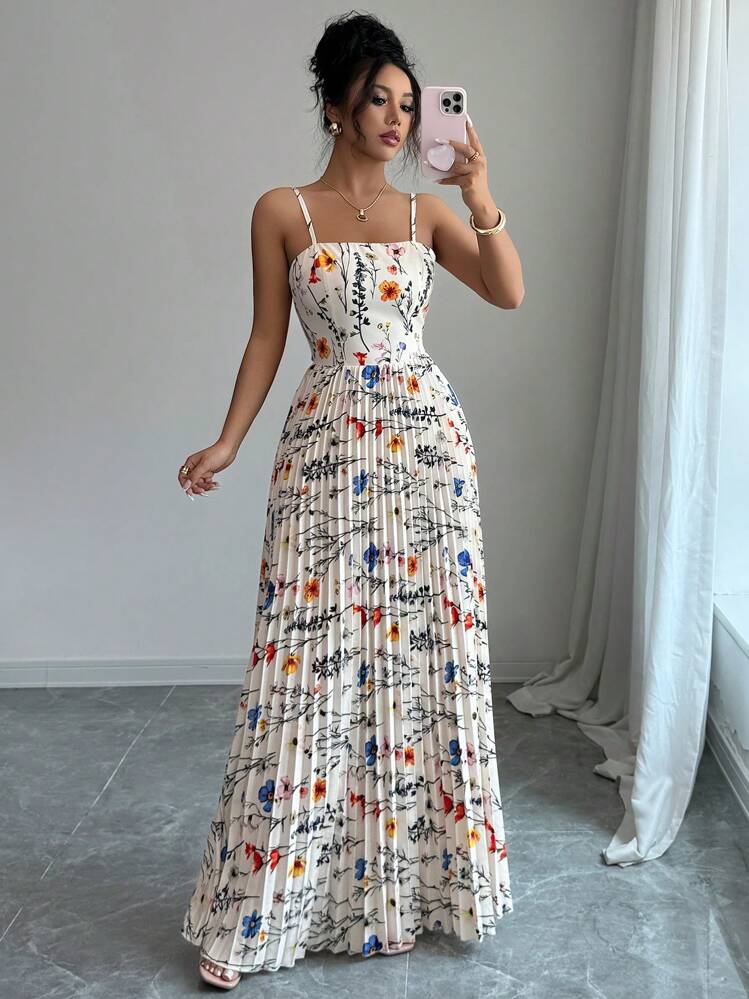 Elenzga Summer Elegant Floral Print Pleated Tie-Up Backless Dress - Multicolor - View 5