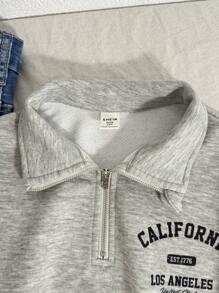 SHEIN 青少年女孩休闲街头风格迷彩和树叶印花宽松圆领落肩短款运动衫，军绿色 - 軍綠色 - 查看 4