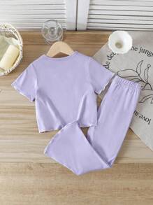 SHEIN Vintaside Kids 2pcs/Set Young Girl Bow Decor Short Sleeve T-Shirt And Shorts Casual Outfit, Summer - Mauve Purple - View 2