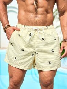 Palasendo 男士船锚条纹印花抽绳腰休闲沙滩短裤 - 黃色 - 查看 6