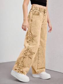 SHEIN Tween Girls Y2K 风格粉色刺绣星星阔腿牛仔裤，时尚街头休闲百搭时尚女孩四季必备单品 - 卡其色 - 查看 5