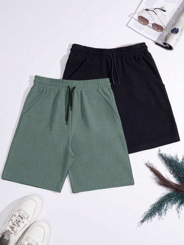 RueChic Pantaloni scurți simpli pentru bărbați, din material tip waffle, 100% bumbac, set de 2 bucăți