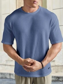 Manfinity BRENVOR Loose Fit Men's Solid Waffle Knit Round Neck Casual T-Shirt - Dusty Blue - View 3