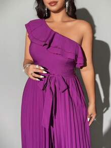 Viva Relle Plus Size Solid Color Asymmetrical Shoulder Backless Double Ruffle Asymmetrical Neck Sleeveless Pleated Elegant Jumpsuit - Purple - View 3