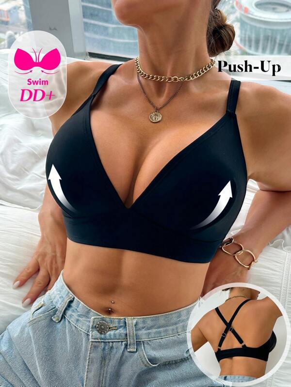 Swim DD+ Top de bikini sin aros, de unicolor, sexy, para mujer talla DD+ para usar en la playa en verano