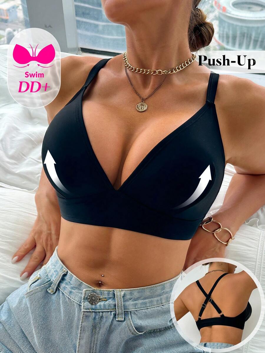 Swim DD+ 女士夏季海滩纯色性感 DD+ 无钢圈比基尼上衣 - 黑色 - 查看 1
