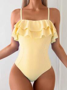 Swim Vcay Women's Casual Beach Vacation Double-Layer Ruffled Striped Random Print One-Piece Swimsuit, Spring/Summer - Multicolor - View 4