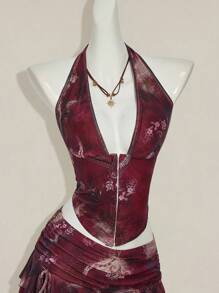 SHEIN ICON Women's Retro Floral Print Sexy Halter Neck Crop Top And Mini Skirt Set Vintage Clothes Havana Nights Outfit Feminine Clothes