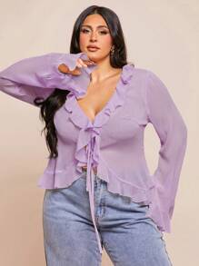 SHEIN BAE Áo cánh tay loe bèo nhún chiffon thanh lịch cỡ lớn cho nữ mùa xuân, thích hợp cho những buổi hẹn hò lãng mạn, tụ tập cùng bạn bè, hoạt động nghỉ dưỡng và trang phục thường ngày sành điệu - Màu tím hoa cà - Xem 5