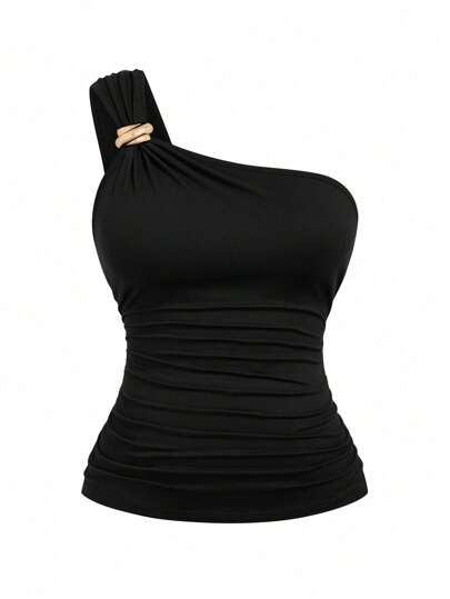 DreamSkyne Women Plus Size Elegant One Shoulder Bodycon Black Top With Metal Decorated Button Design