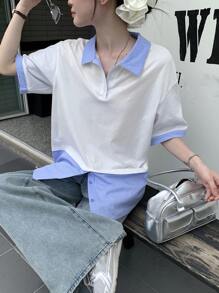 DAZY Women Regular Collar Striped Splice Short Sleeve Casual Korean Style T-Shirt