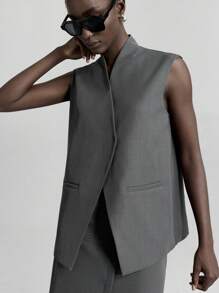 Ontre Conjunto de traje gris oscuro de estilo urbano con tela resistente a las arrugas que incluye blazer, chaleco y minifalda, atuendo de oficina casual, corte suelto