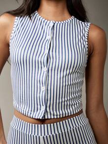 MISSGUIDED Bộ đồ hai mảnh kẻ sọc mùa hè, áo thun không tay cạp cao, quần short mặc đi nghỉ ở bãi biển - Nhiều màu - Xem 4