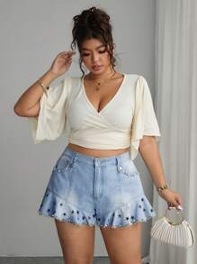 Elenzga Plus Size Women's Casual Non-Stretch Denim Shorts, Summer - Medium Wash - View 6