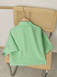 SHEIN Unity Áo sơ mi nữ tay ngắn hở vai thêu nơ sọc xanh, dáng lửng - màu xanh lá - Xem 2