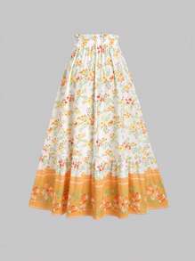 Sweetra 女式夏季欧美时尚花卉印花松紧腰喇叭裙，优雅法式休闲度假百搭裙子 - 黃色 - 查看 2