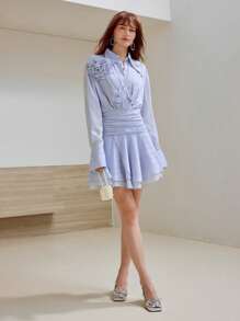 MOTF PREMIUM CHIFFON STRIPED PRINT STEREO FLOWER DETAIL RUCHED WAIST SHORT DRESS - Blue - View 4