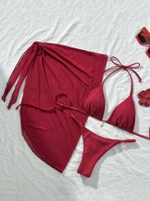 Swim Vcay Bộ 3 Bikini Nữ Mùa Hè Mới Màu Trơn Halter Kim Loại Trang Trí Đầm Đi Biển Đồ Bơi Gợi Cảm - Đỏ - Xem 3