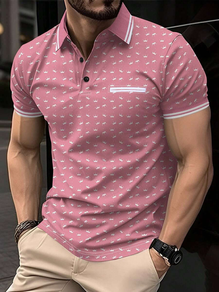 Calvornis Men's Striped Crown Print Short Sleeve Casual/Commute Polo Shirt - Baby Pink - View 1