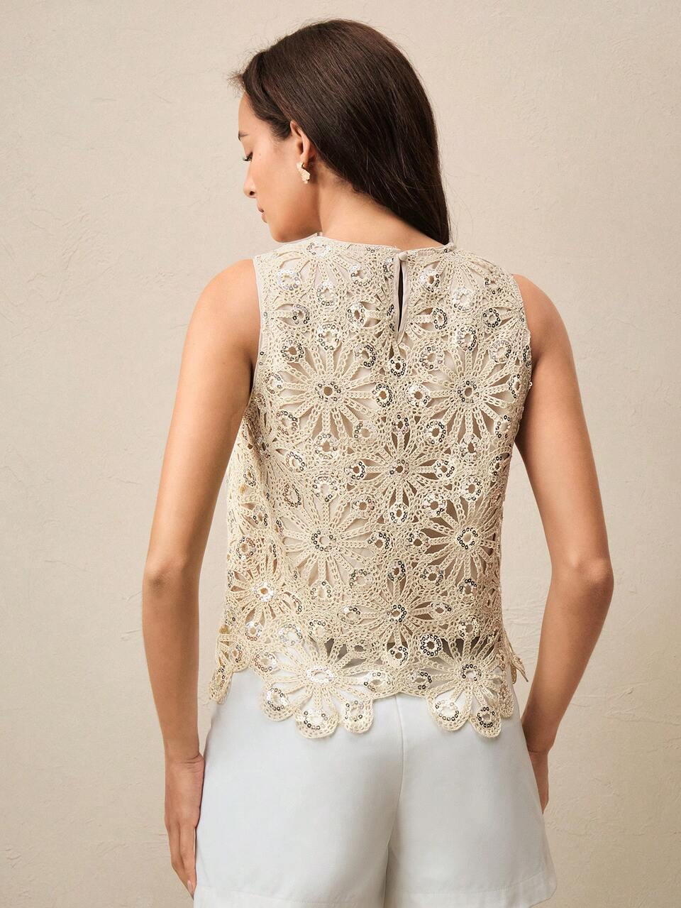 Women's Summer Fashion New Elegant Apricot Lace Crochet Sequin Decor Camisole