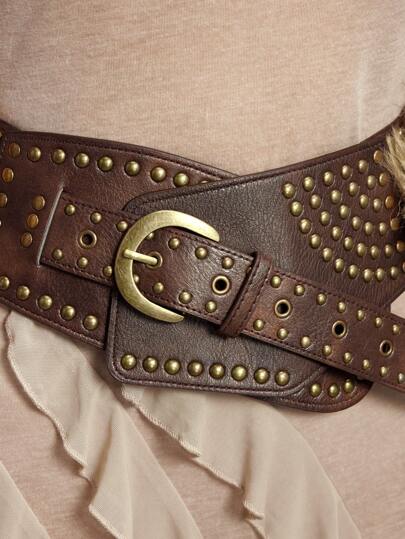 Hippie 1pc Vintage Y2K Style Disc Buckle Fake Leather Rivet Splice Alloy Waist Belt