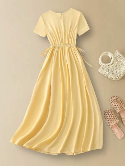 green emerald velvet dress Buy Butter-Yellow Cotton Midi Dress – Square Neck, Flowy Summer Wear main image 1