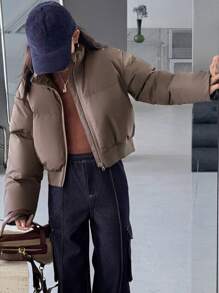 DAZY Abrigo corto acolchado de invierno de unicolor holgado con capucha para niñas preadolescentes