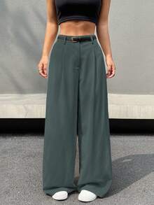 SHEIN EZwear 女士高腰系带阔腿休闲办公裤，灰色 - 灰色 - 查看 5