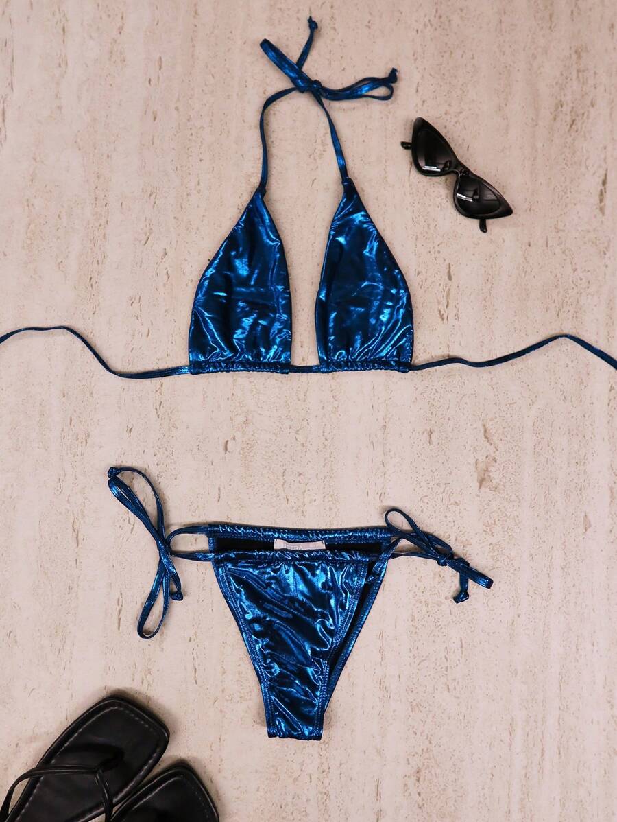 Musera Resort 金属色系带抹胸无肩带比基尼上衣，仅限春夏度假性感波西米亚风伊比沙岛音乐节海滩泳装狂欢假期 - 寶藍色 - 查看 1