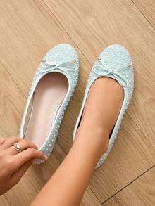 CUCCOO HITCHD Cute White Bow Pearls Round Toe Flats, Comfortable Casual Slip-On Shoes For Women, Suitable For Commute, Dates And Shopping - Baby Blue - View 3