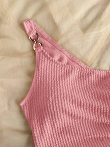 Soleia 女士夏季度假米色针织提花纹理单肩修身下摆开衩抽绳褶饰吊带背心，适合派对、约会、情人节、复活节、狂欢节、下午茶、海滩、游轮、城市街头度假 - 粉色 - 查看 5