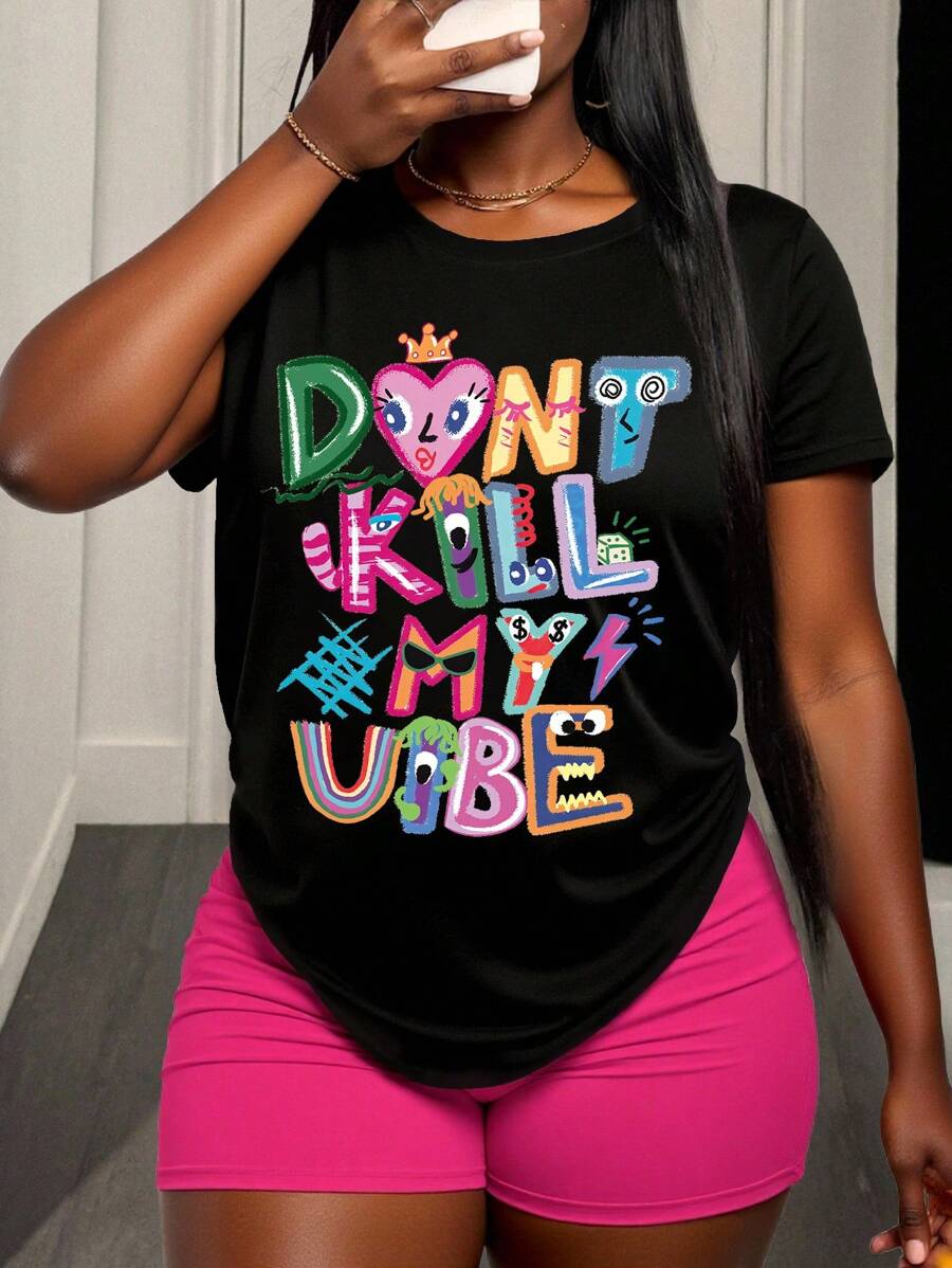 BamGleam 女士休闲标语印花短袖 T 恤，夏季 - 黑色 - 查看 1