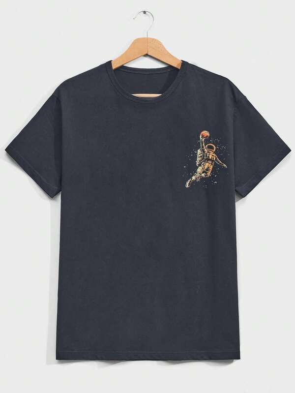 RueChic Tricou bărbătesc cu mânecă scurtă și guler rotund cu imprimeu de astronaut, vară