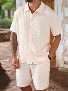 ResortEase Herren Große Größen Set aus einfarbigem Kurzarm-Hemd mit Einzelknopfleiste und Shorts - Khaki - Übersicht 1