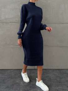 EURMUSE Women Solid Color Stand Collar Fitted Sweater Dress, Casual For Autumn And Winter - Navy Blue - View 4