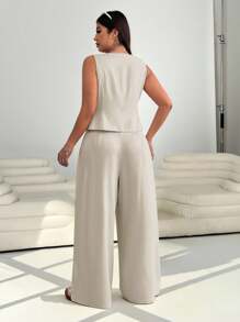 Solflare 2pcs Apricot Colored Plus Size Vest Top And Pants Suit,Summer Clothes,Mother Day Outfit,Old Money,Office Outfits For Women - Khaki - View 2