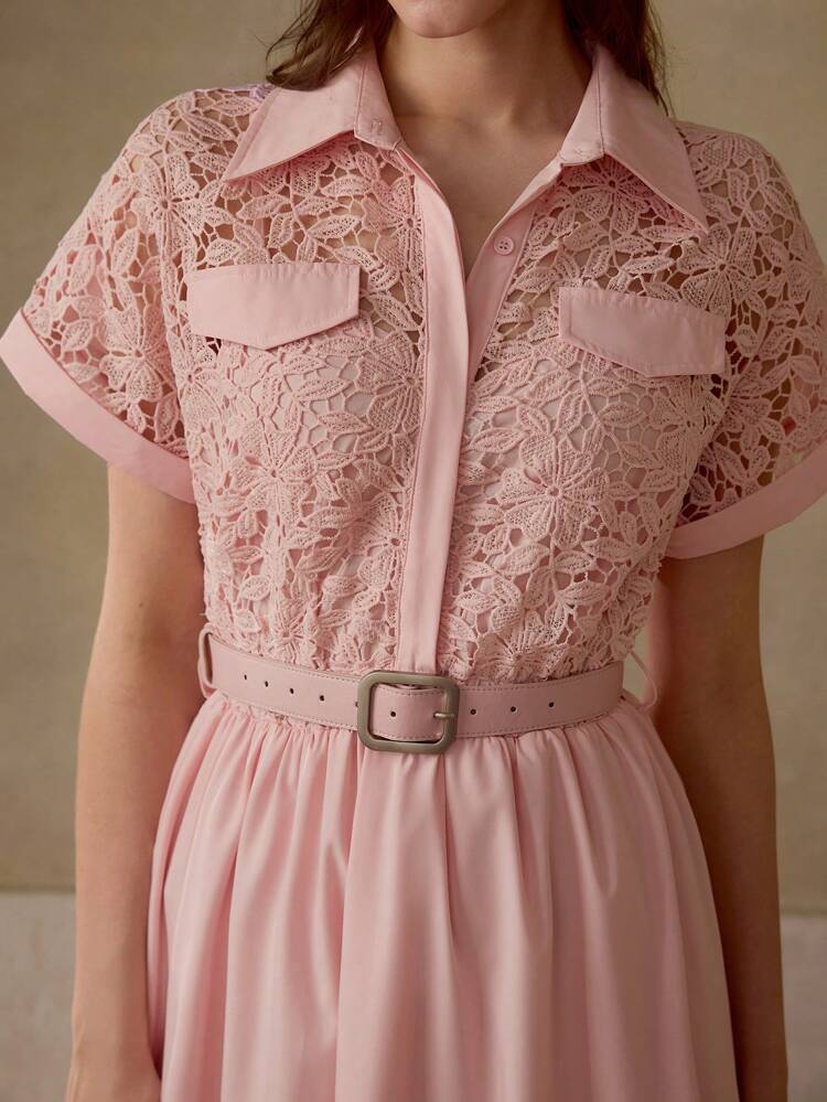 GUIPURE LACE BODICE BUCKLE BELTED MIDI SHIRT DRESS