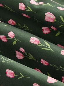 SHEIN MOD Stand Collar Gigot Sleeve Fishbone Bodice Ditsy Floral Dress - Army Green - View 4