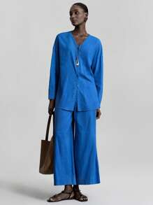 Ontre 2025 春秋女士休闲宽松落肩长袖衬衫，百搭适合办公室通勤 - 藍色 - 查看 7