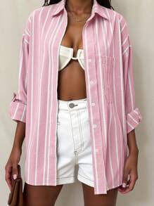 INAWLY Camisa casual de mujer de manga larga, monobotonada, con hombros caídos y rayas