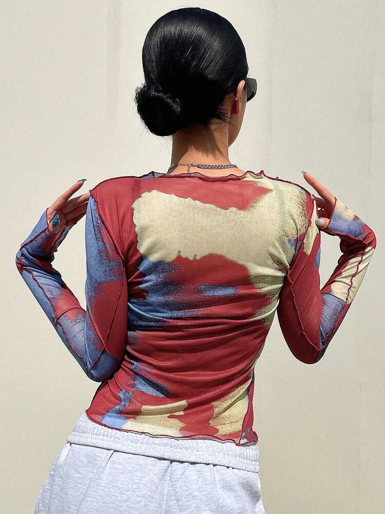 Tie Dye Lettuce Trim Mesh Top Without Bra Long Sleeve Women Tops,Fall Women Clothes